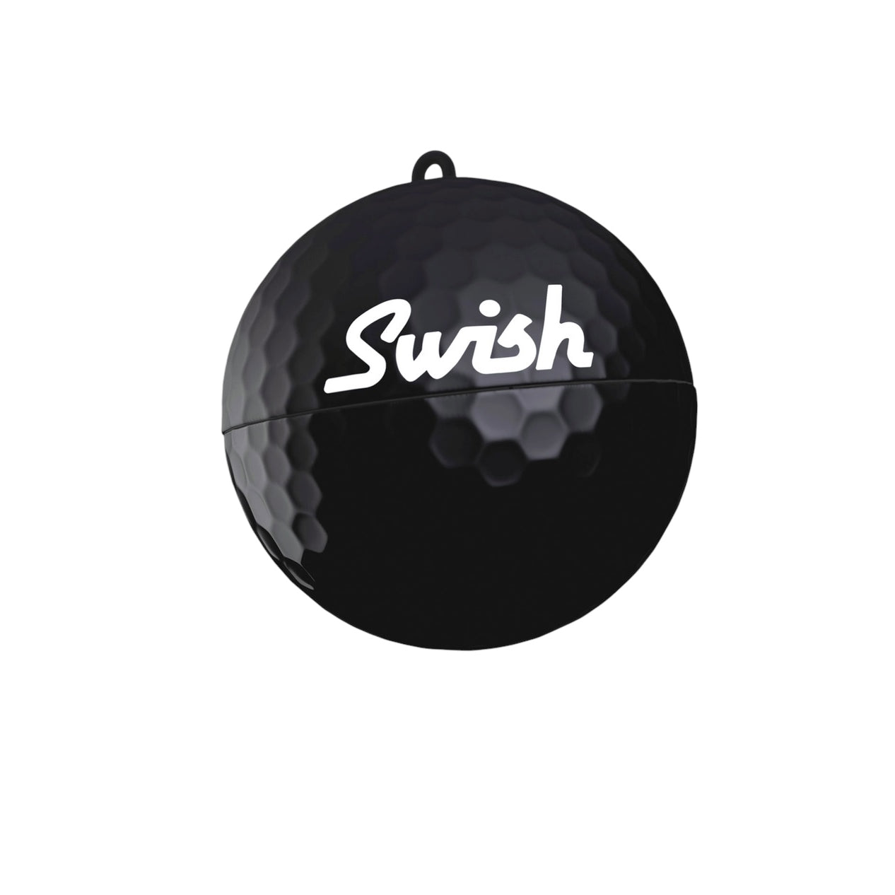A black portable golf ball cleaner with the brand name 'Swish' written on it.