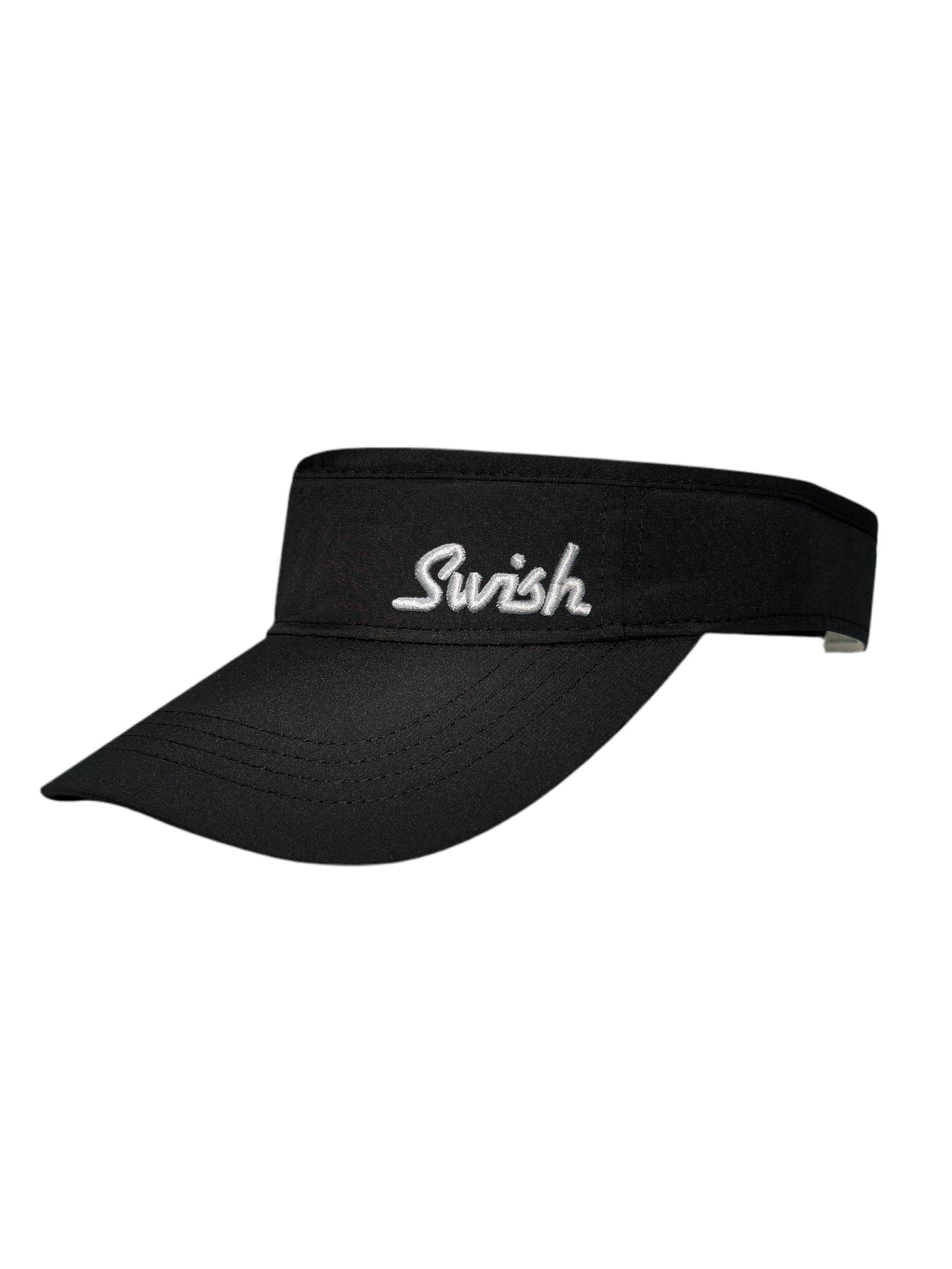 A black visor with the brand name 'Swish' written in white letters on the front.
