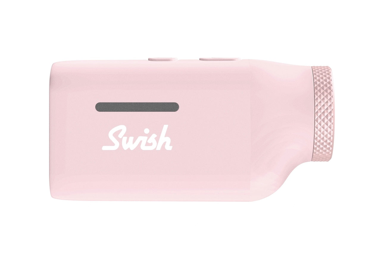 A compact Swish range finder in a light PINK color with a sleek, pocket-size design.