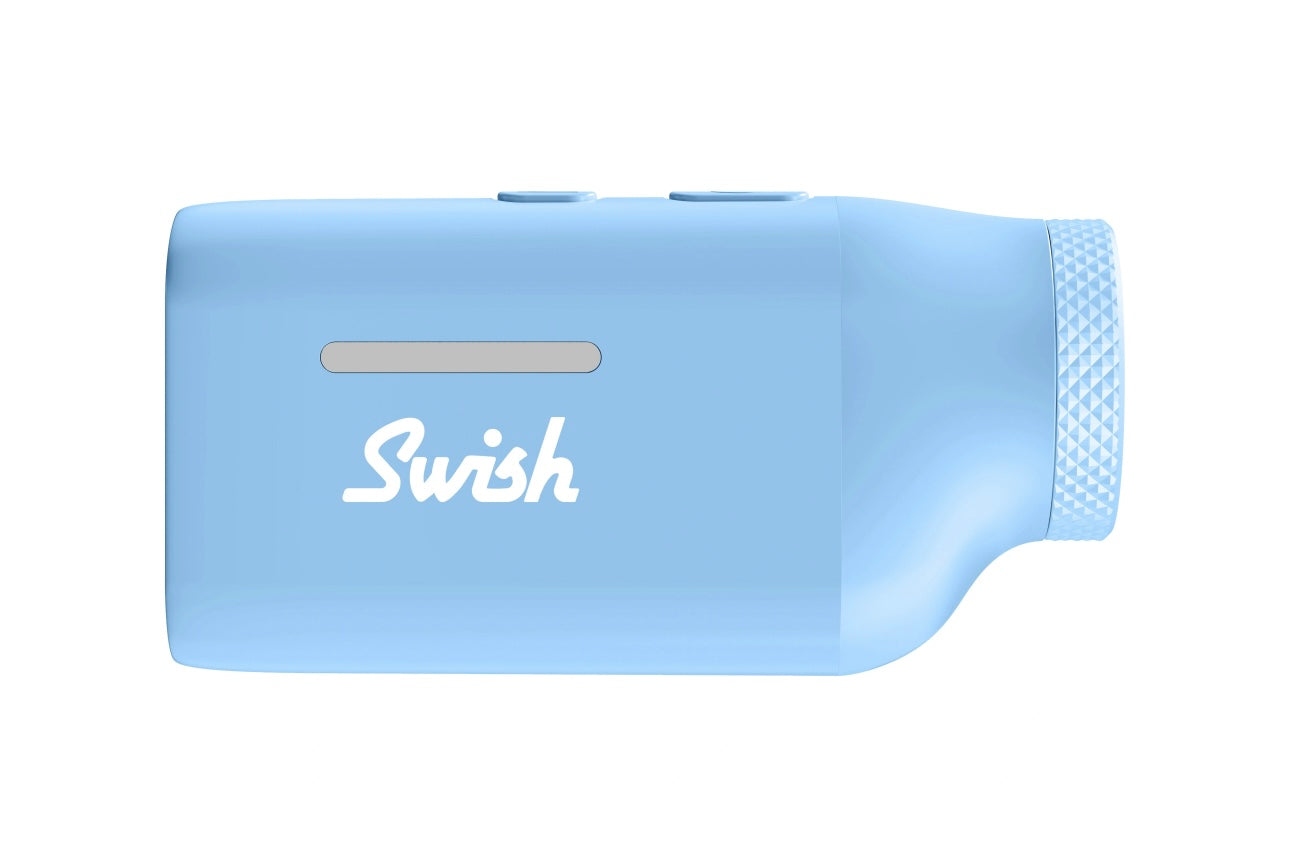 A compact Swish range finder in a light BLUE color with a sleek, pocket-size design.