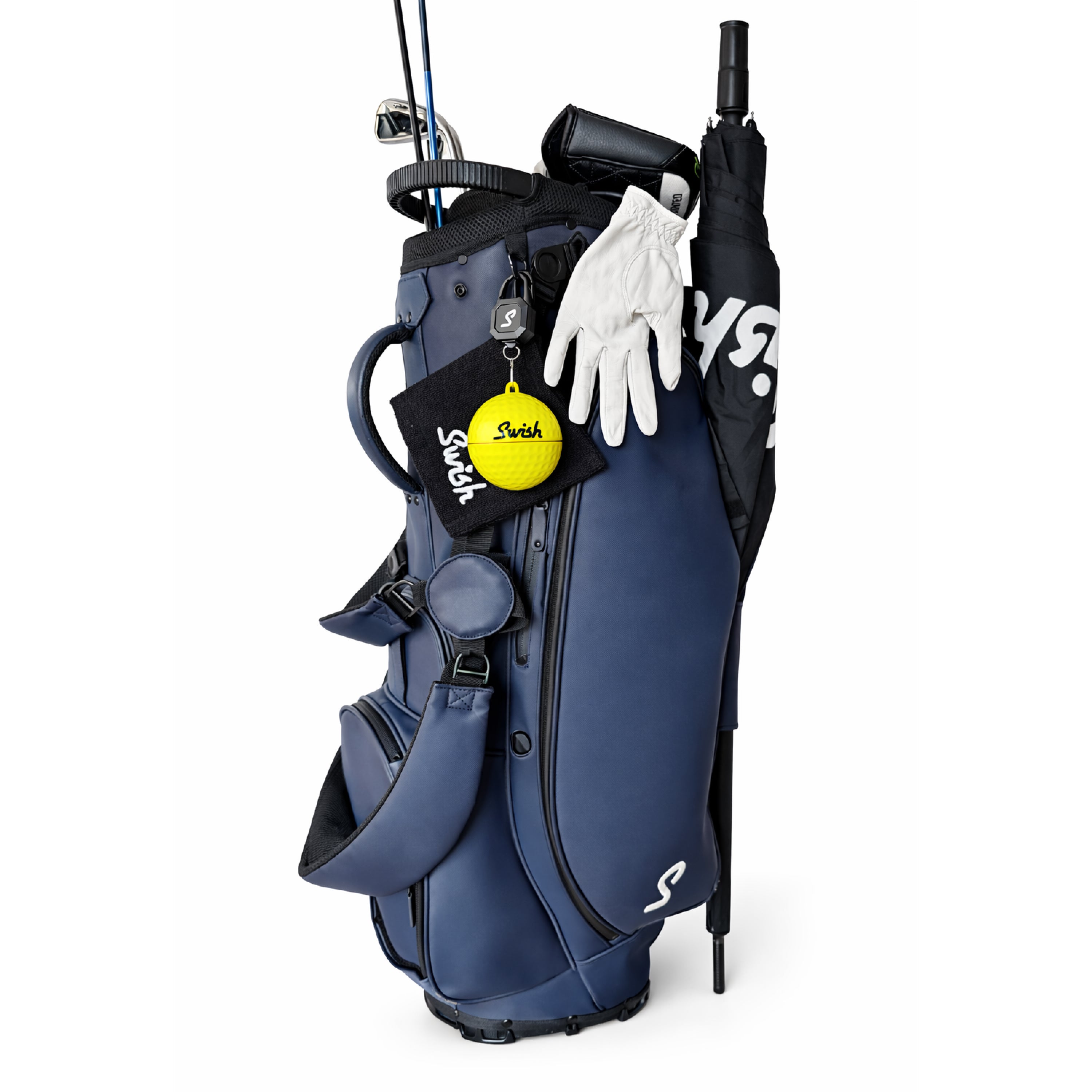 Yellow Swish golf ball cleaner on golf bag