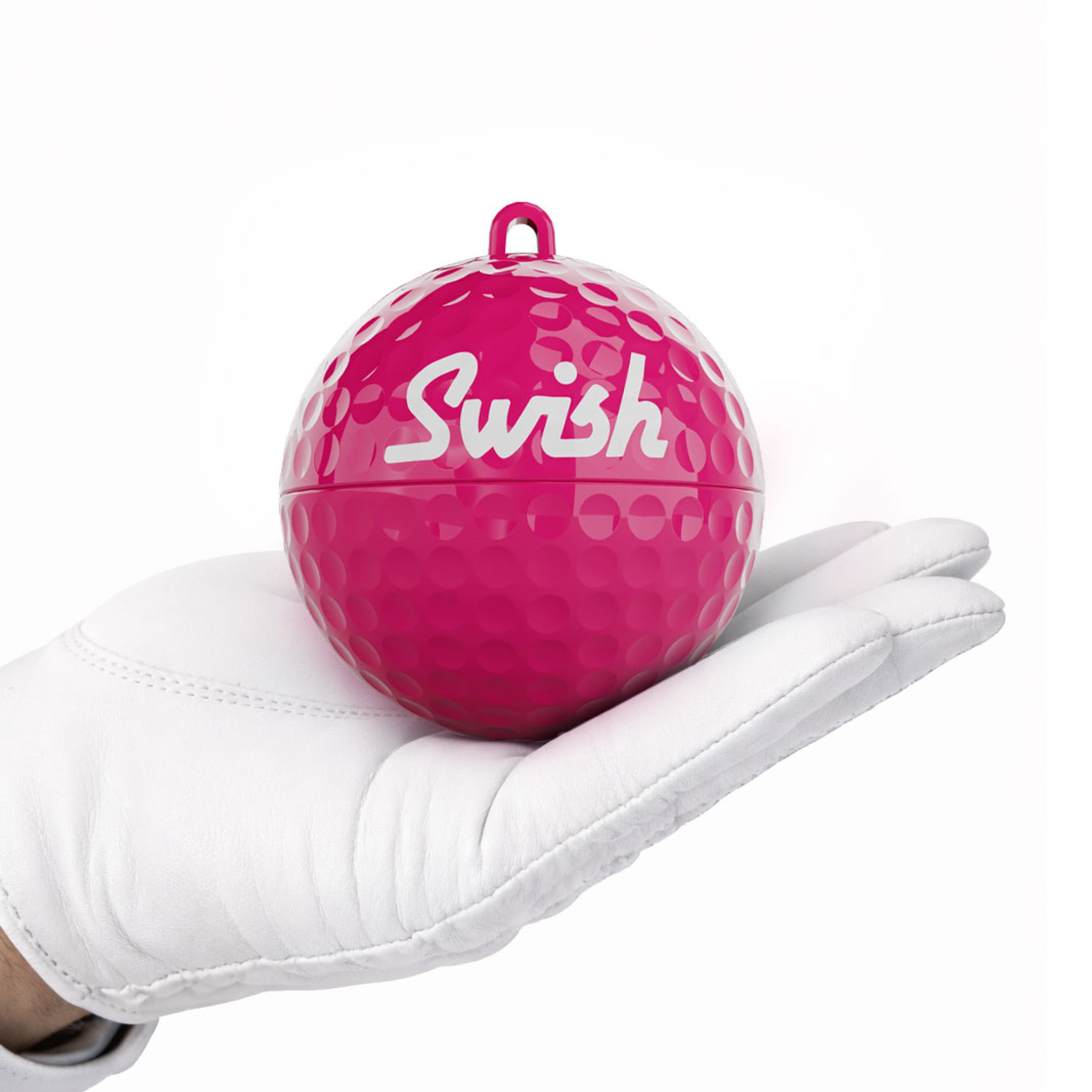 Swish 80mm portable golf ball cleaner in hand - Pink