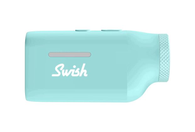A compact Swish range finder in a light teal color with a sleek, pocket-size design.