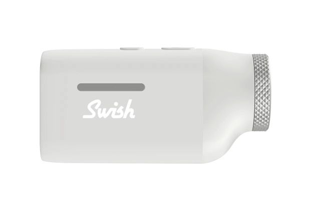 A compact Swish range finder in a light WHITE color with a sleek, pocket-size design.