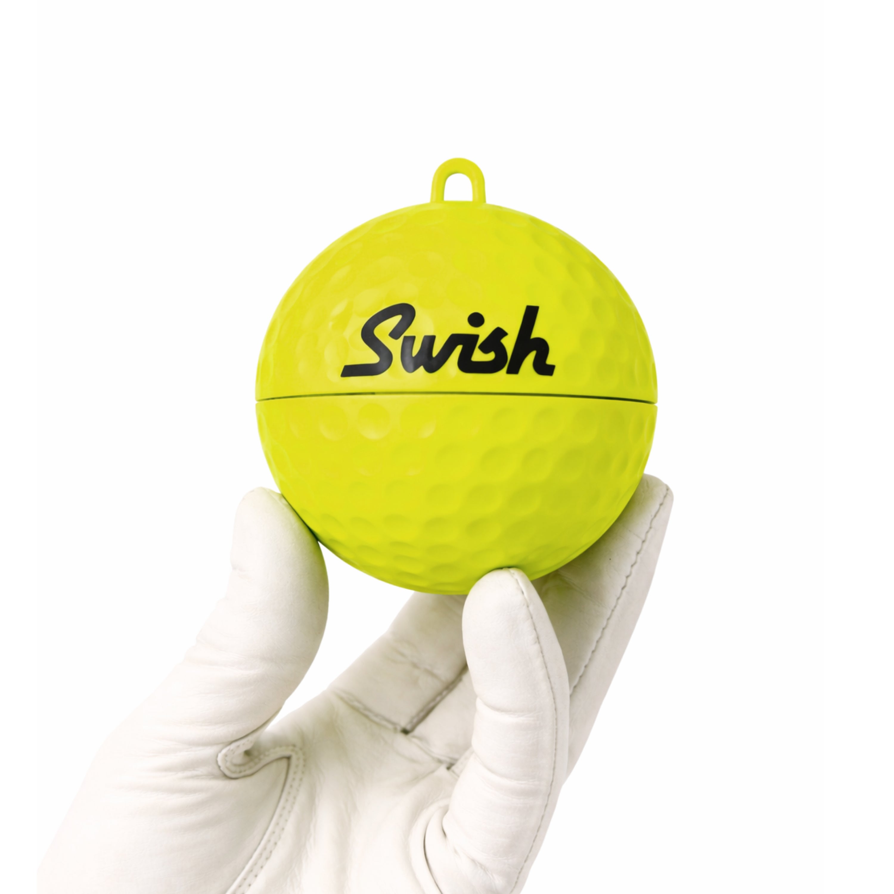 Swish 80mm portable golf ball cleaner in hand - Yellow