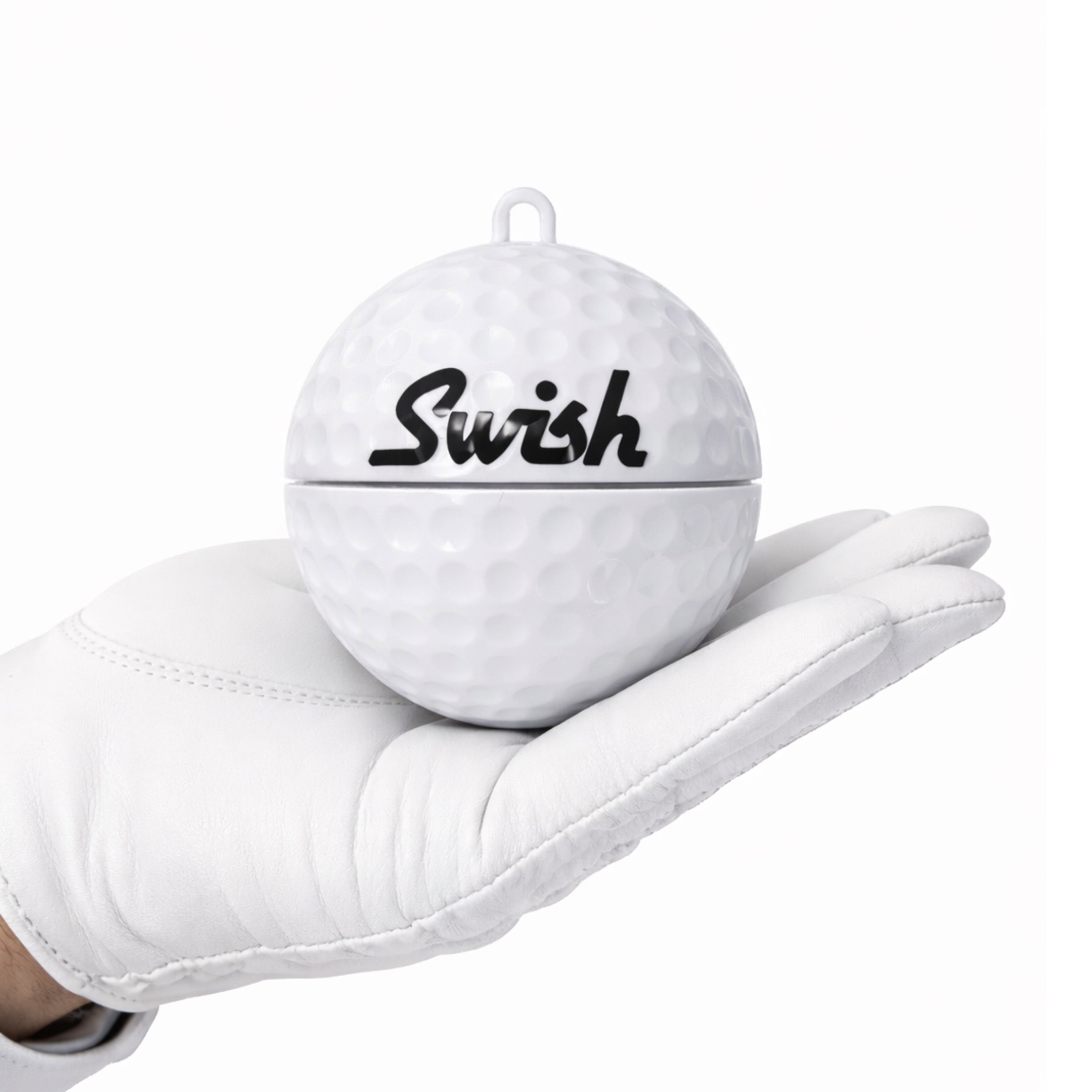 Swish 80mm portable golf ball cleaner in hand - White