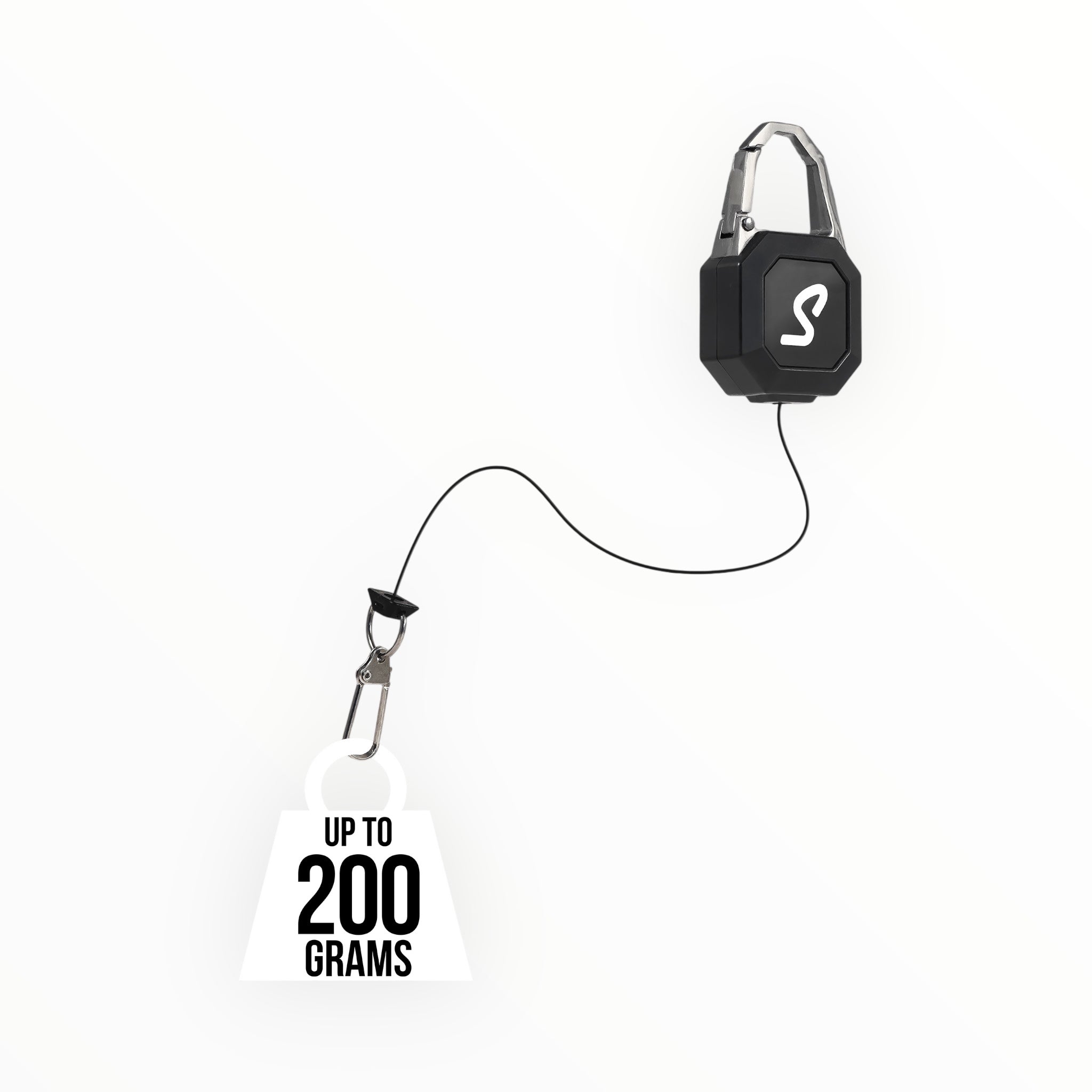 Black lanyard holds up to 200 g